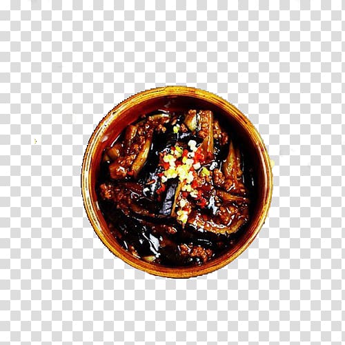 Chili con carne Lo mein Braising Teriyaki Eggplant, A bowl of minced meat eggplant transparent background PNG clipart