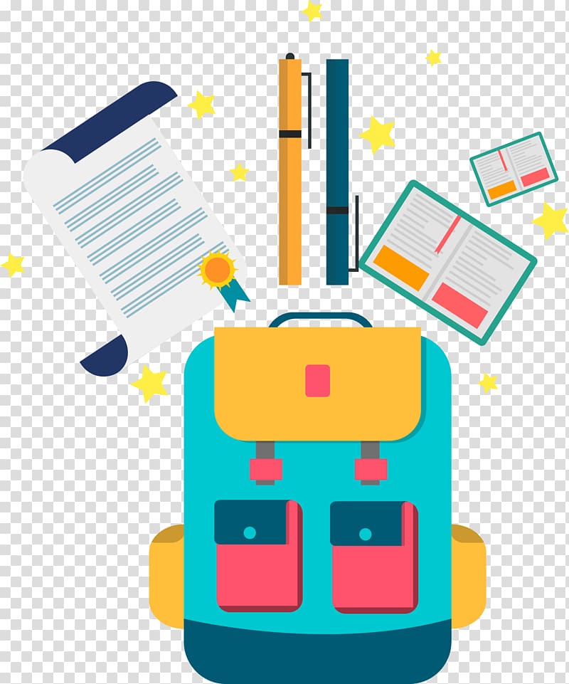 bag and item illustration, First day of school Stationery Education, School bag stationery transparent background PNG clipart