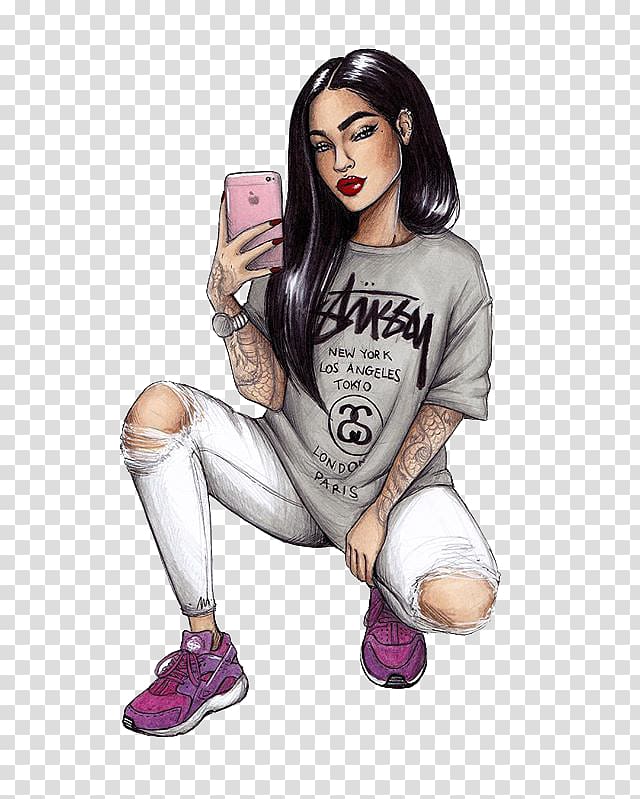 Drawing Art Fashion illustration Sketch, selfie girl transparent background PNG clipart