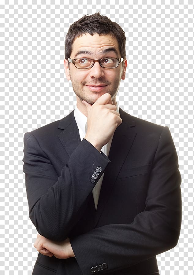 Thought , Thinking man , man wearing black suit looking up transparent background PNG clipart