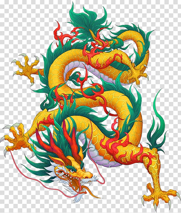 yellow, green, and red dragon , China Chinese dragon Illustration, Yellow dragon decorative pattern transparent background PNG clipart