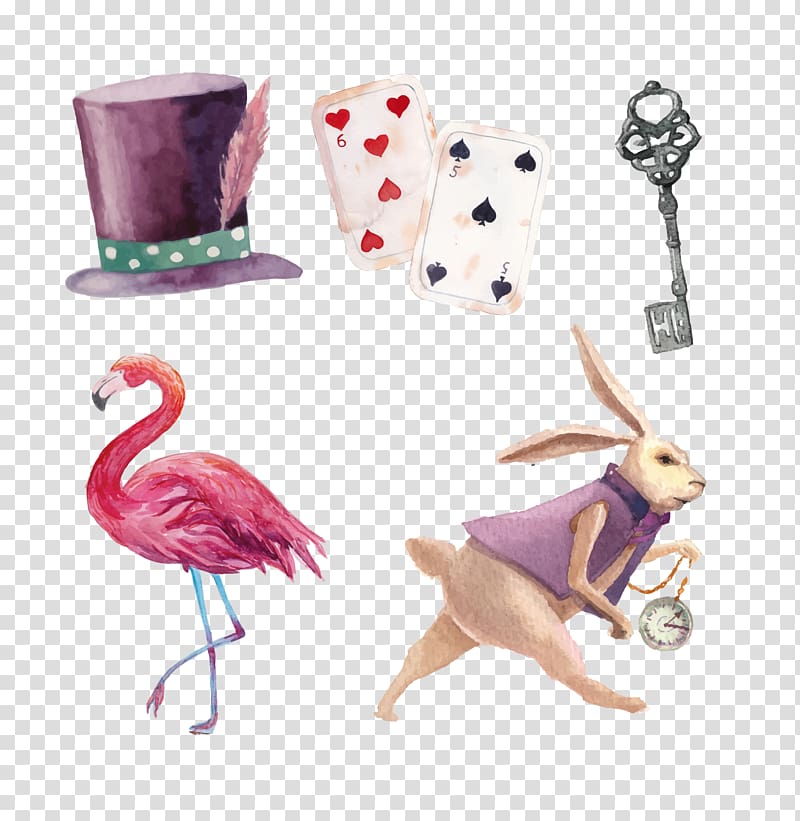 rabbit, flamingo, playing card, magician hat, and playing cards illustration, Watercolor painted rabbit hat Keys poker transparent background PNG clipart