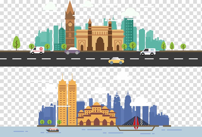 two buildings beside road and beside sea illustrations, City Euclidean Skyline, City transparent background PNG clipart