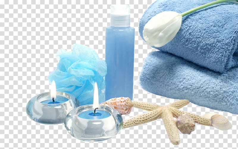 two blue votive candles and beige star fish, Lotion Spa Skin care Health Care Human body, the spa transparent background PNG clipart