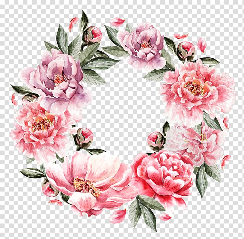 Flower Painting Wreath, Hand-painted flowers flower cluster, pink and red floral wreath transparent background PNG clipart