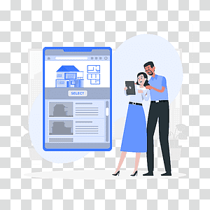 illustration, Select house, couple, device, house, online, app, property, decision transparent background PNG clipart thumbnail