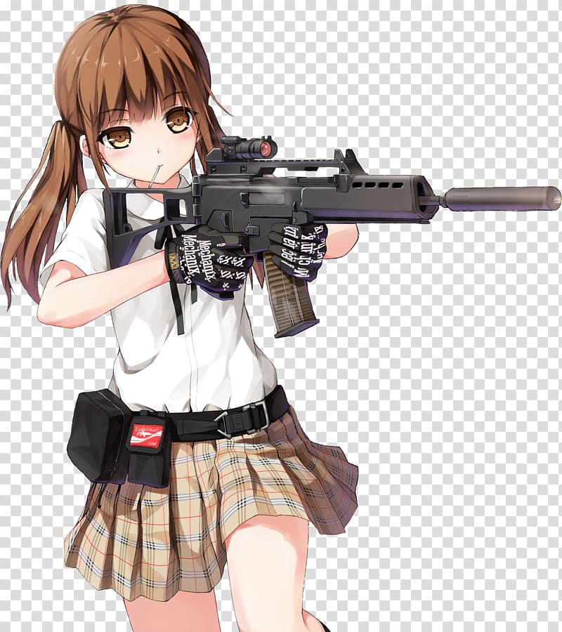 Anime character with brown haired holding rifle, Anime Female Firearm