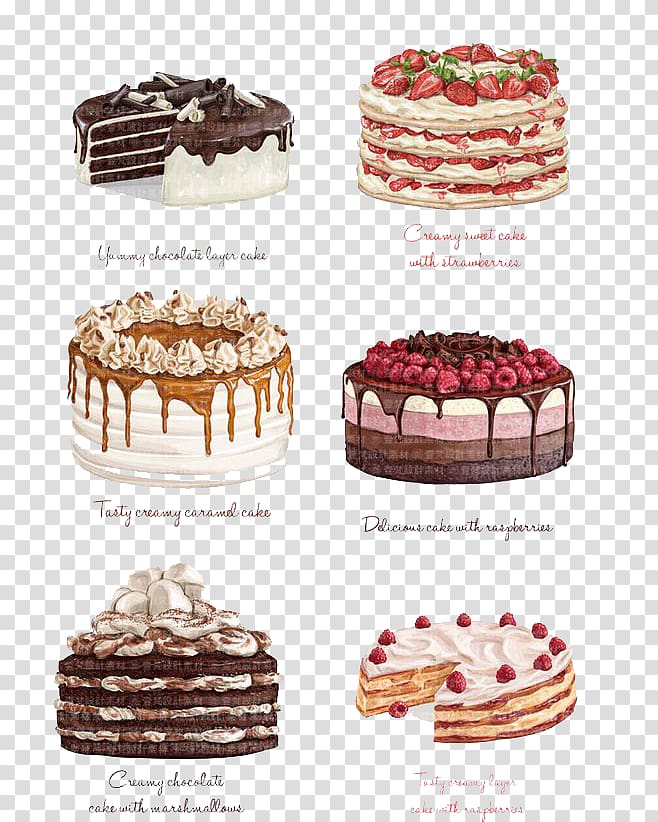 six assorted cakes, Chocolate cake Strawberry cake Torte Angel food cake, Watercolor cake transparent background PNG clipart