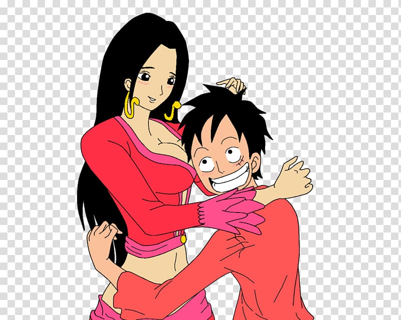 Anime drawing of a girl hugging luffy from one piece