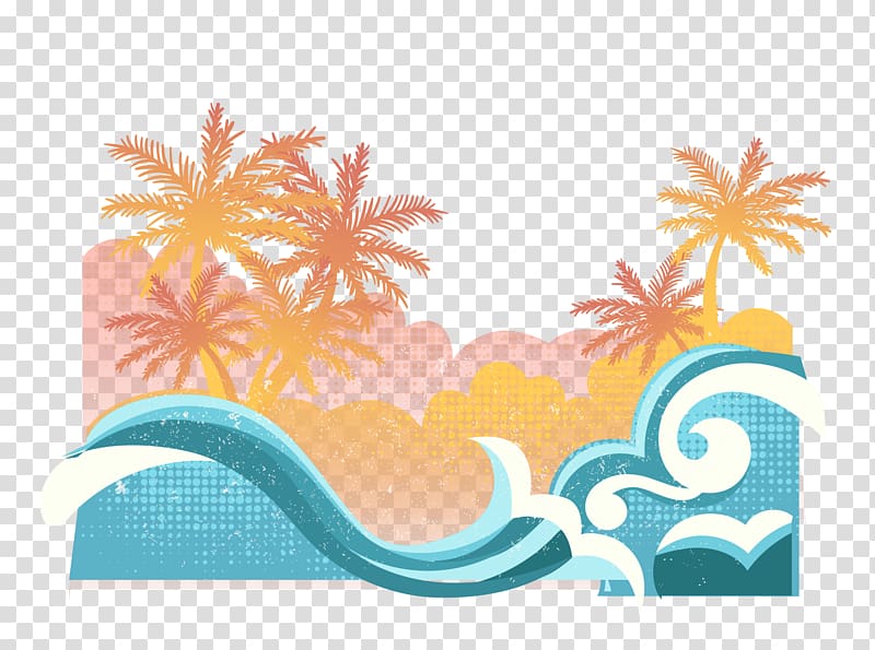 palm tree beside seashore , Beach Graphic design Summer Illustration, Wave Beach transparent background PNG clipart