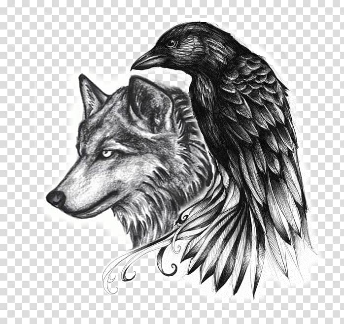 Common raven Abziehtattoo Crow Gray wolf, wolf tatoo transparent background PNG clipart