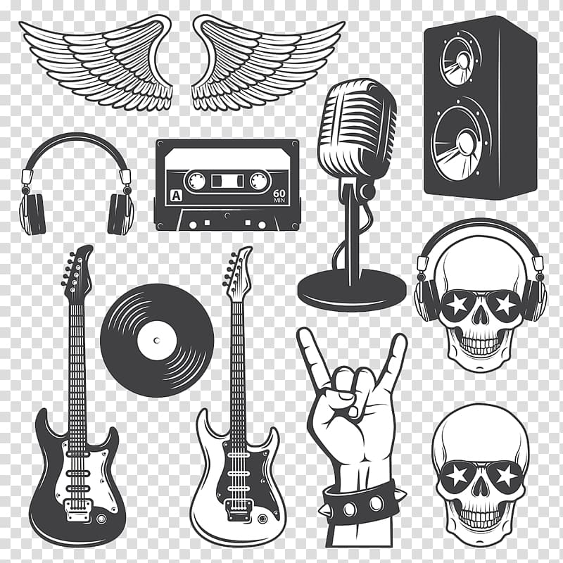 Rock music , Black and white cartoon rock material background transparent background PNG clipart