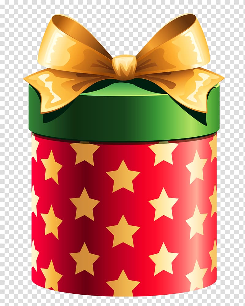 yellow and red gift box illustration, Christmas gift Box Gift wrapping , Round Red Gift Box with Gold Stars transparent background PNG clipart