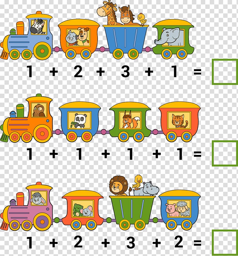 three assorted-color animal and trains Mathematical problems, Addition Counting Mathematics Illustration, cartoon train mathematics transparent background PNG clipart