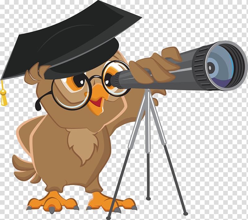 Owl Cartoon Illustration, Telescope decoration design transparent background PNG clipart