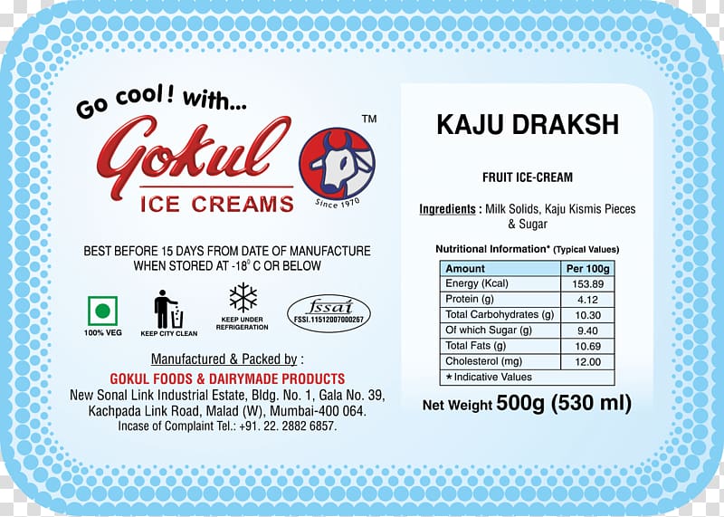 Gokul Ice Creams Milk Nutrition facts label Food, Kaju kismis transparent background PNG clipart