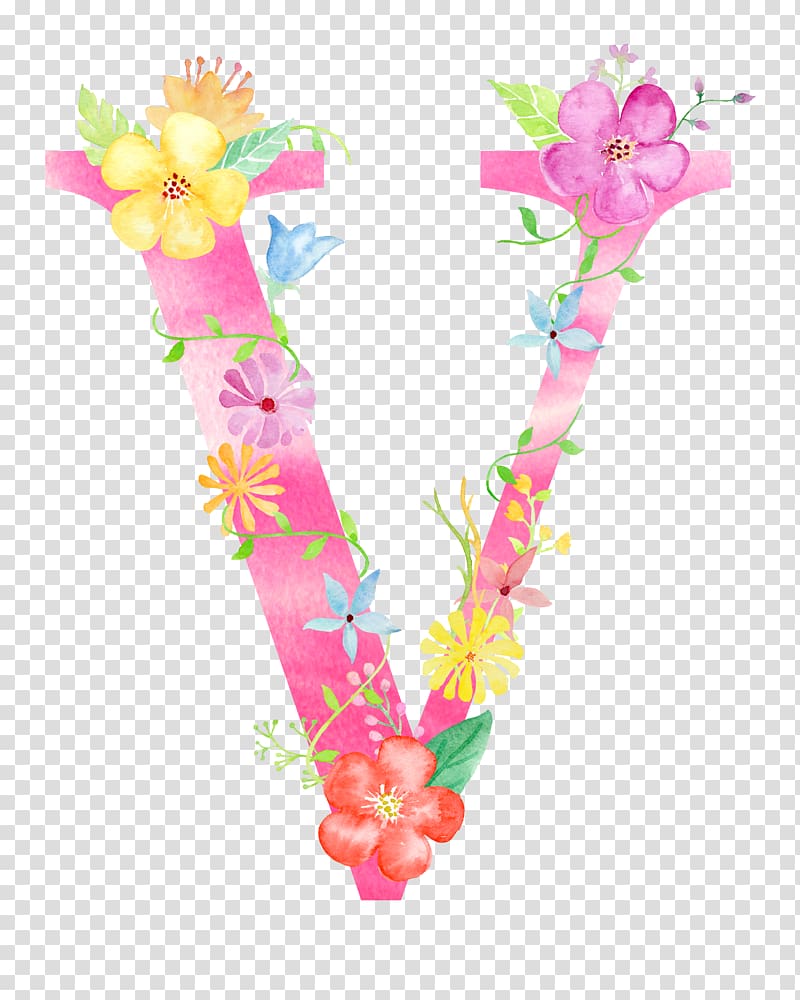 illustration of pink floral letter V, Letter V Poster, Flowers letter V transparent background PNG clipart