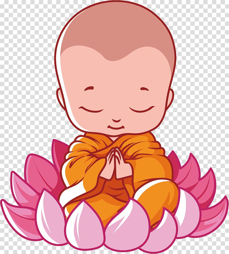 praying Monk on lotus flower illustration, Vesak Buddhism Cartoon Buddhas Birthday, child seat lotus figures transparent background PNG clipart