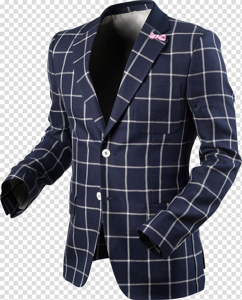 Blazer Cobalt blue Tartan Button Suit, low collar transparent background PNG clipart