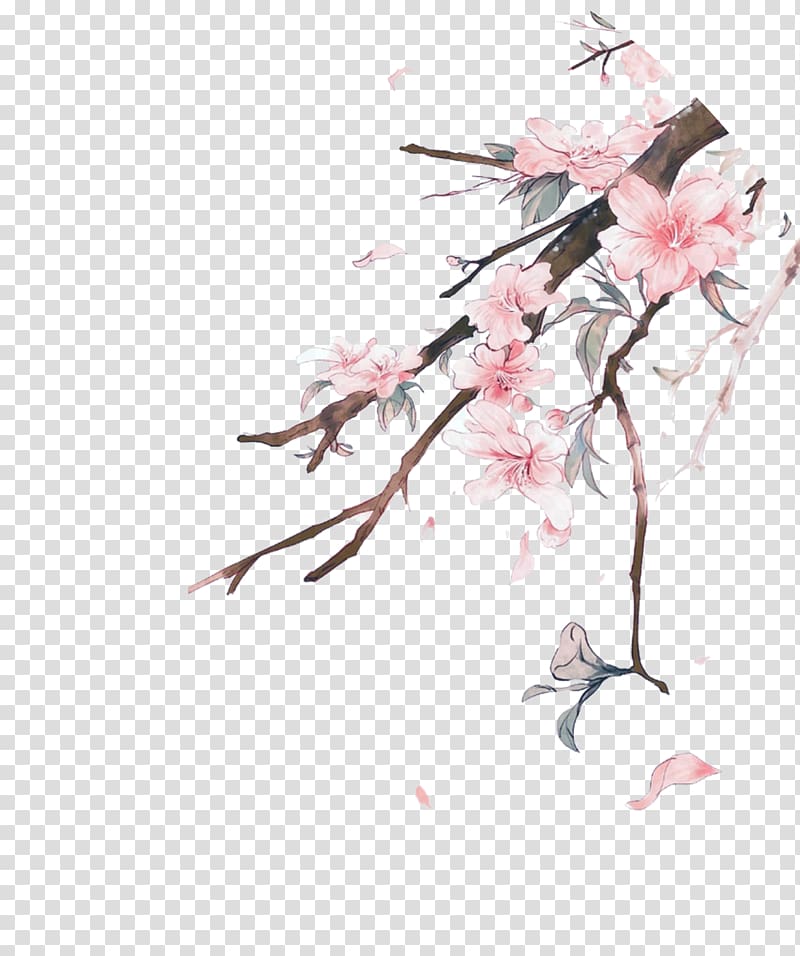 pink cherry blossom flower illustration, iPhone 6S Ink wash painting Chinese painting, Hand-painted peach blossom transparent background PNG clipart