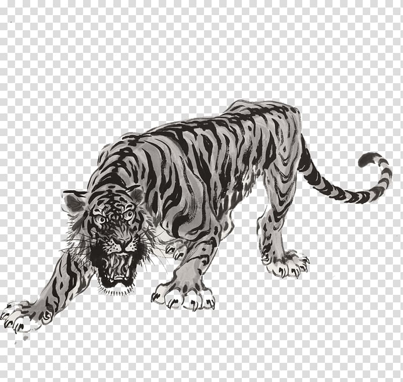 Tiger Ink wash painting Hanging scroll Chinese painting, tiger transparent background PNG clipart