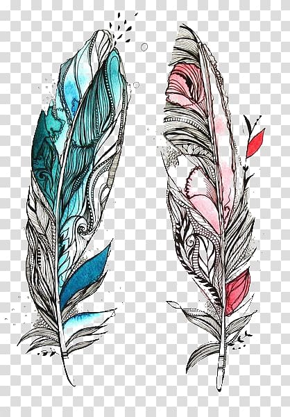 teal and pink feather illustration, Bird Feather Drawing Tattoo Sketch, feather transparent background PNG clipart