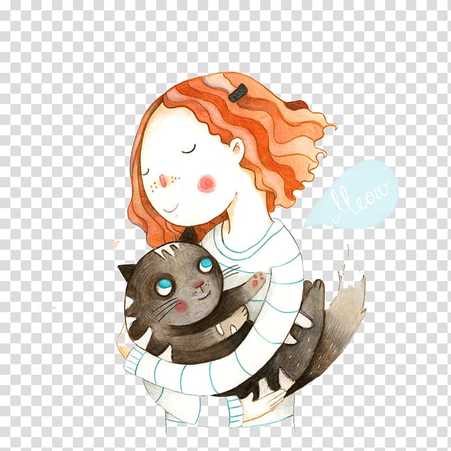 Sadakos Kraniche Cat Cartoon Drawing Illustration, Painted girl holding cat transparent background PNG clipart