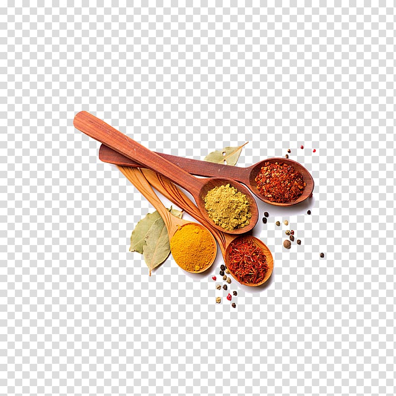 Four assorted powder spices and brown wooden ladles, Masala chai Indian ...