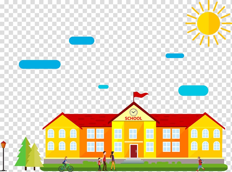yellow and red school building , Schoolyard Cartoon Drawing, illustration school buildings transparent background PNG clipart
