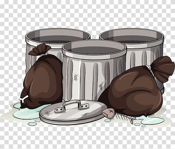 three gray garbage containers and garbage bags , Waste container Bin bag , Garbage bags next to the garbage can transparent background PNG clipart