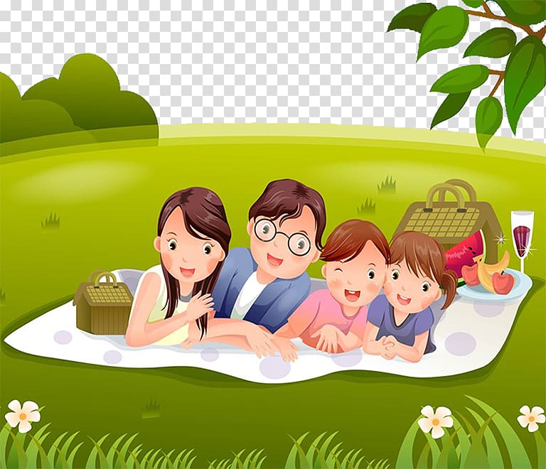 Child Cartoon Illustration, A family lying on the grass transparent background PNG clipart