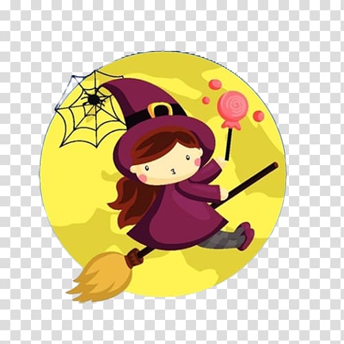 The little witch riding a magic broom on the cartoon transparent background PNG clipart