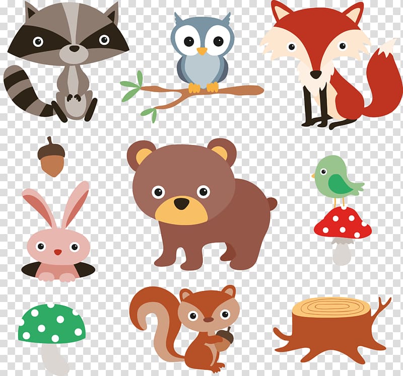 Squirrel Raccoon Cartoon Forest, 9 cartoon forest animals and plants material, animal transparent background PNG clipart