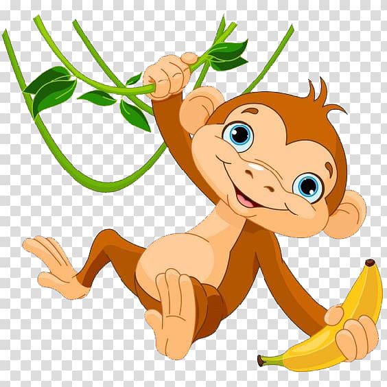 monkey holding on vines and banana, Baby Monkeys The Evil Monkey , Cartoon monkey get banana transparent background PNG clipart