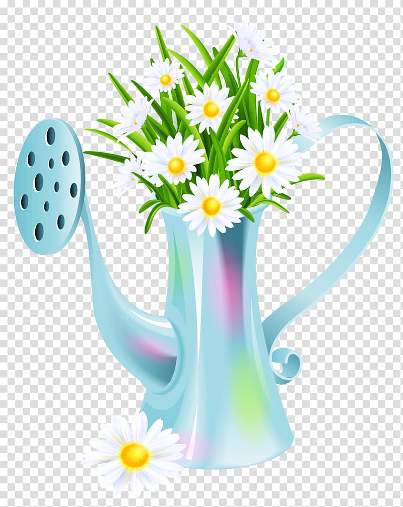 white daisy flowers inside blue watering can graphic, Watering can , Water Can with Daisies transparent background PNG clipart