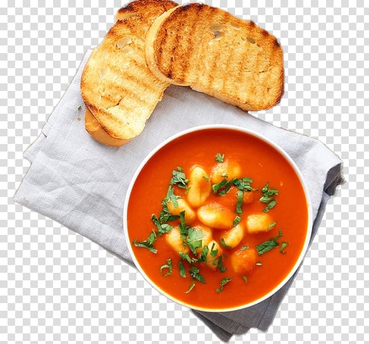Tomato soup Gnocchi Cioppino Solyanka French onion soup, Baked bread pieces transparent background PNG clipart