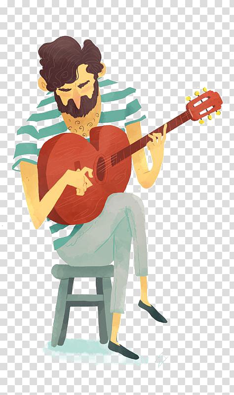 Guitar Ukulele Cartoon Illustration, Guitar man transparent background PNG clipart