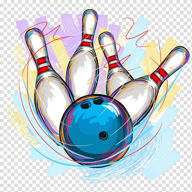 blue bowling ball with four white-and-red pins illustration, Bowling pin Bowling ball Illustration, Bowling material painted transparent background PNG clipart