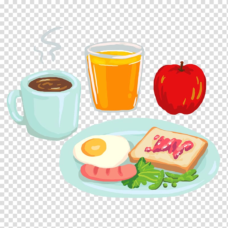 breakfast illustration, Breakfast Coffee Juice Barbecue Pizza, Nutritious breakfast transparent background PNG clipart