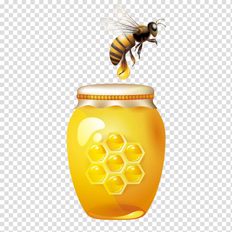 yellow bee and honey bee illustration, Bee Honey Jar , Honey bee hive transparent background PNG clipart