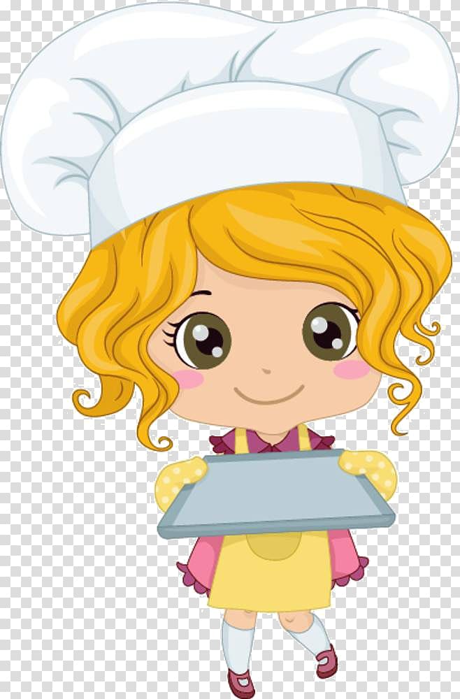girl holding cookie sheet illustration, Chef Cartoon , Cartoon girl material transparent background PNG clipart