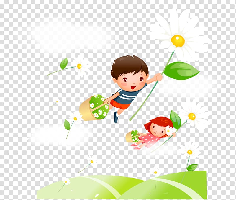two children getting carried away by flowers illustration, Child , Flying kids illustration transparent background PNG clipart