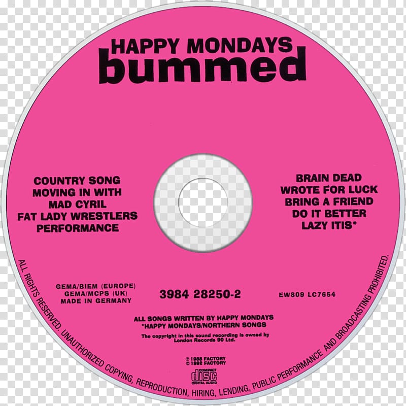 Compact disc Happy Mondays Record label Bummed Squirrel and G-Man Twenty Four Hour Party People Plastic Face Carnt Smile (White Out), Happymonday transparent background PNG clipart