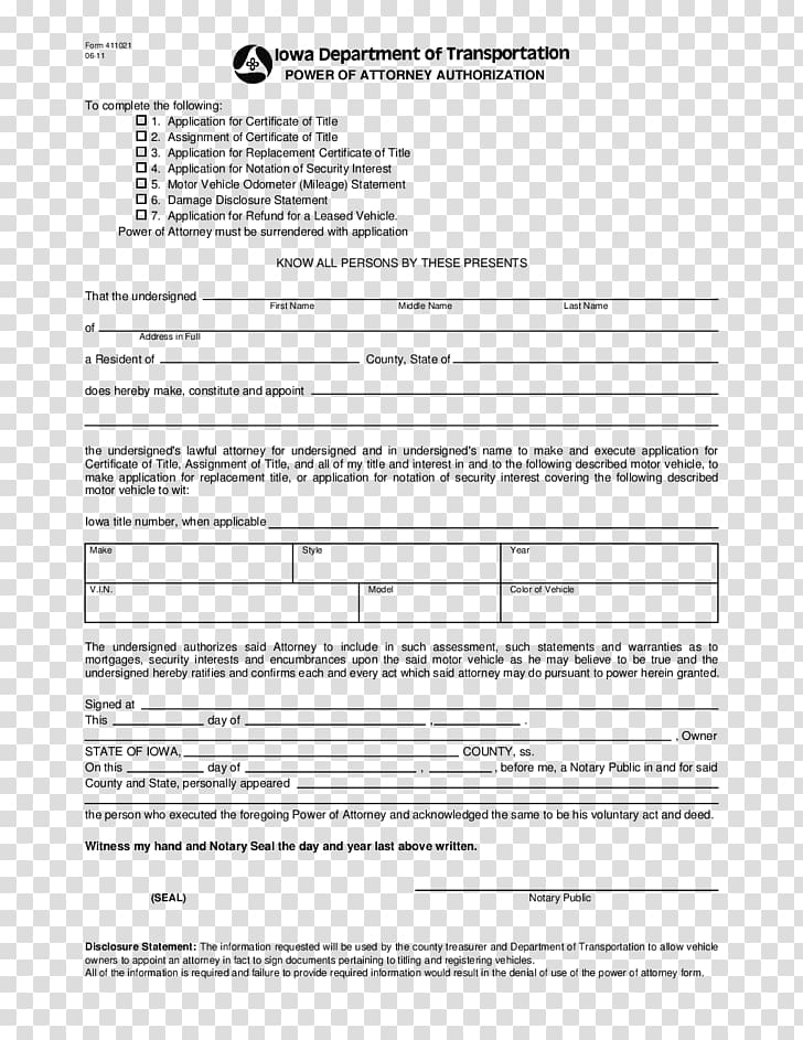 Iowa Power of attorney Title Document Form, others transparent background PNG clipart