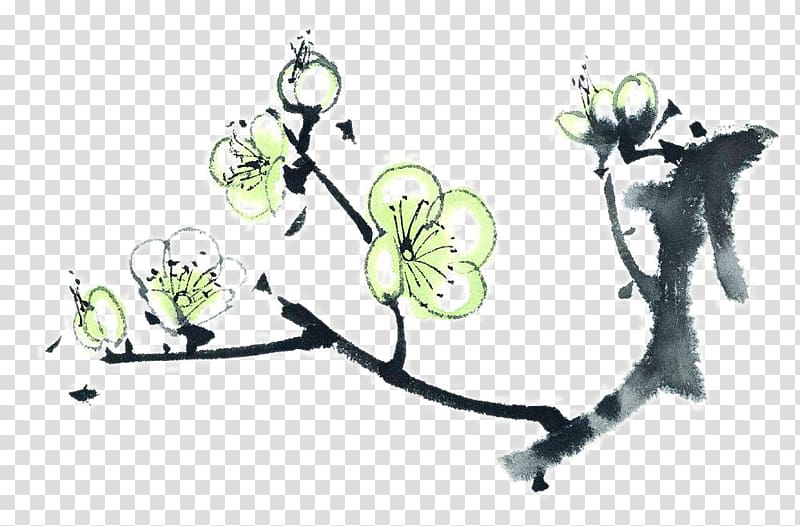 Ink wash painting Chinese painting Plum blossom White Inkstick, Plum flower transparent background PNG clipart