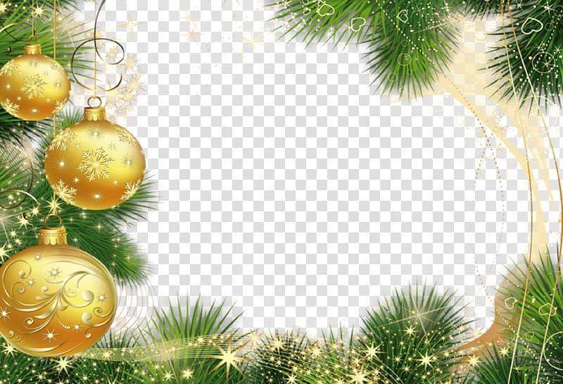 green leaf and brown Christmas baubles illustration, Christmas Frame Golden Balls transparent background PNG clipart