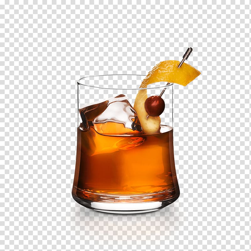 Old Fashioned Cocktail garnish Whiskey Manhattan, fall into the water with lemon and ice cubes transparent background PNG clipart