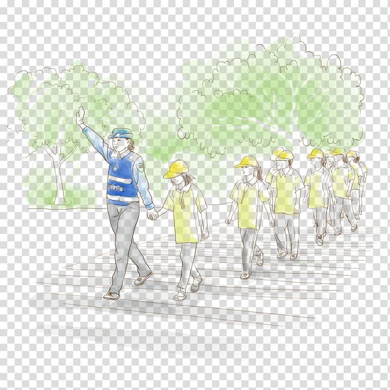 Cartoon Drawing Traffic police Road, Female traffic police draw a friend to cross the road hand drawing transparent background PNG clipart