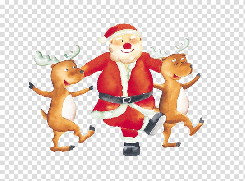 Santa Claus Reindeer Christmas Illustration, Dancing reindeer and Santa Claus transparent background PNG clipart