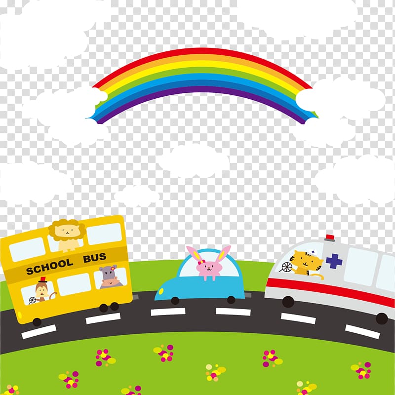 Cartoon , Cartoon school bus with rainbow transparent background PNG clipart